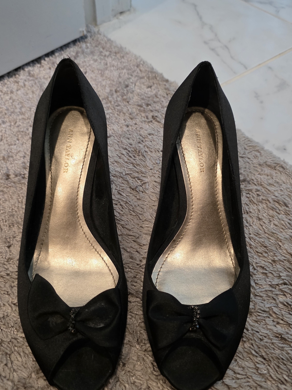 Ann Taylor Black Satin Peep-Toe Bow Heels